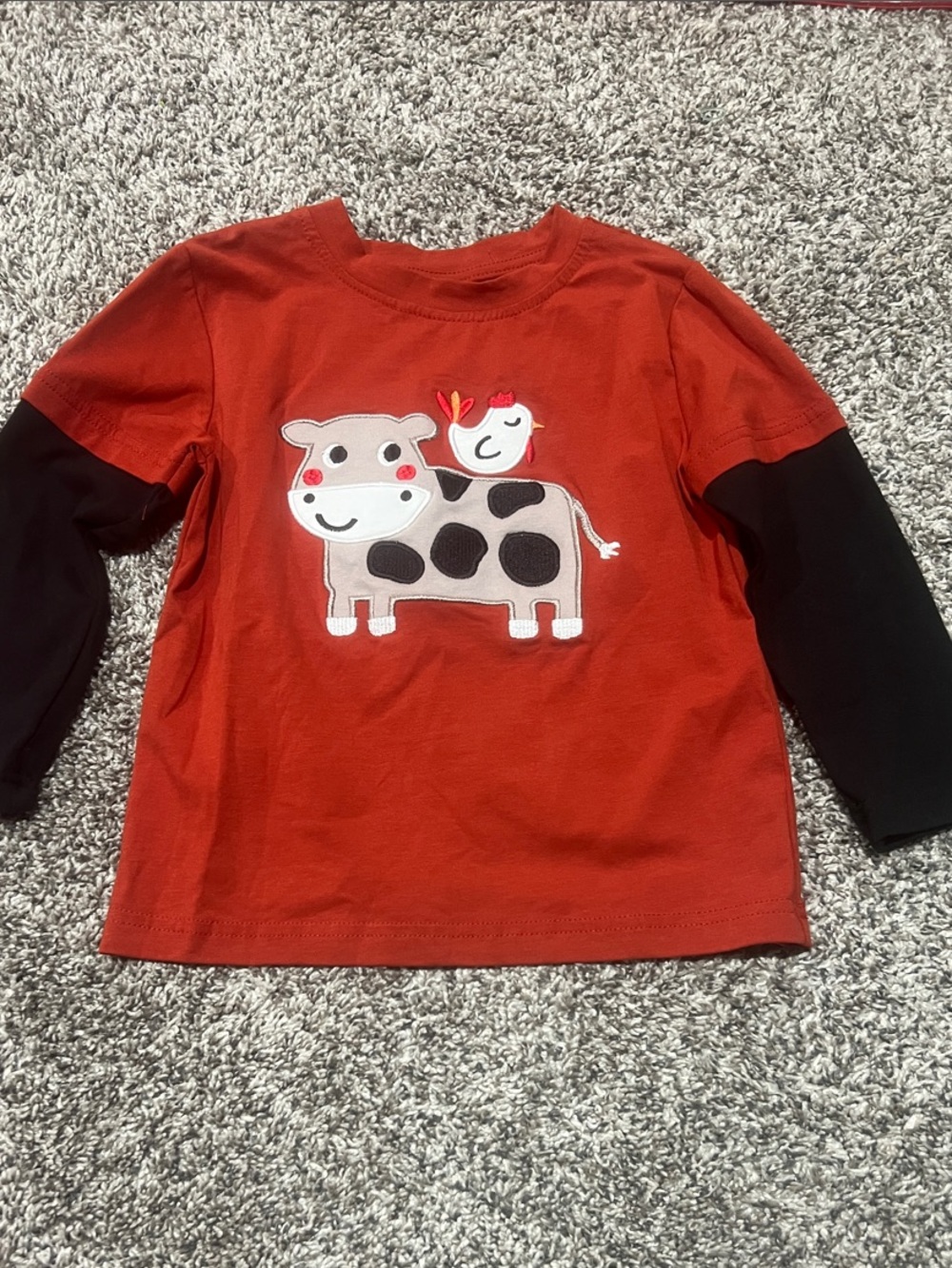 Kids Long-Sleeve Embroidered Cow Graphic Layered Tee